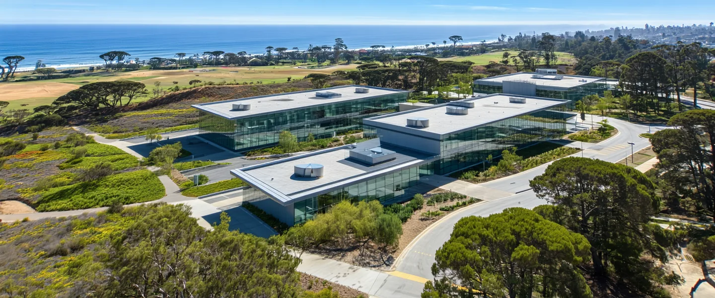 Aerial view of modern biotech campus buildings in the Torrey Pines area of San Diego with Pacific Ocean in background
