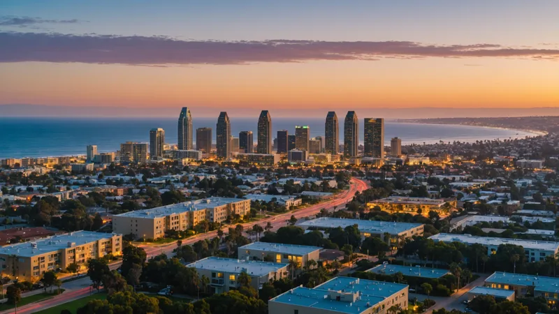San Diego skyline and research corridor at dusk