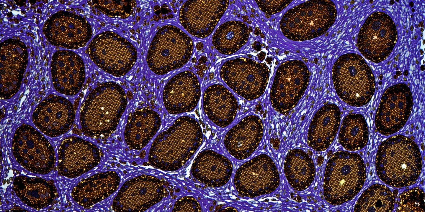 Artistic rendering of HER2 IHC staining showing membrane positivity pattern in breast tissue