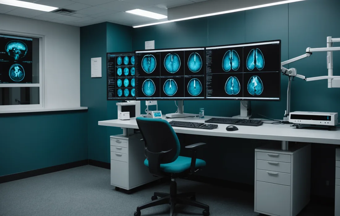 Clinical workstation showing AI-assisted radiology analysis workflow